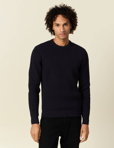 Pull manches longues col rond bleu fonc&eacute; homme