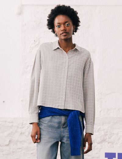 Chemise droite manches longues ray&eacute;e bleu gris femme