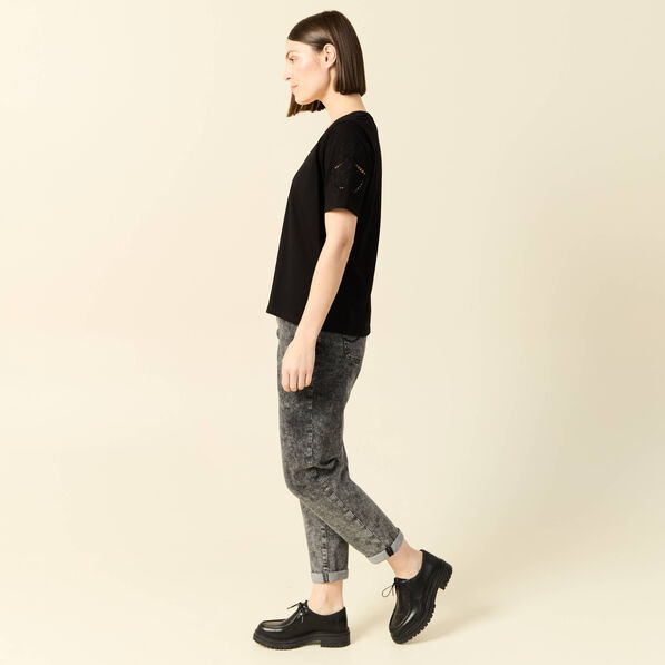 T-shirt manches courtes brodé noir femme