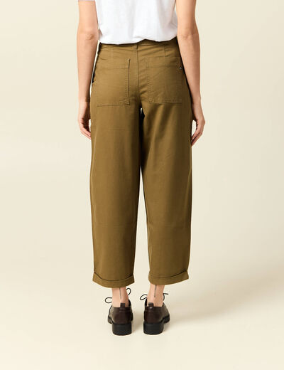 Jeans barrel taille haute 7/8&egrave;me vert kaki femme