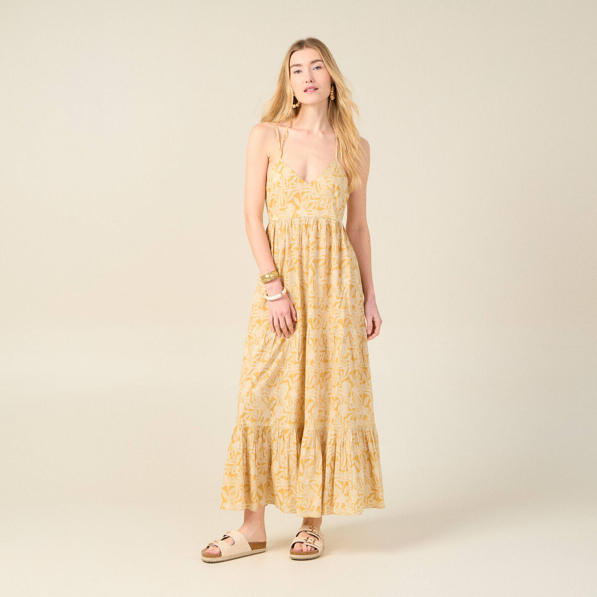 Robe longue évasée bretelles jaune femme