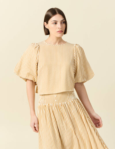 Blouse droite courte manches coude beige moyen femme