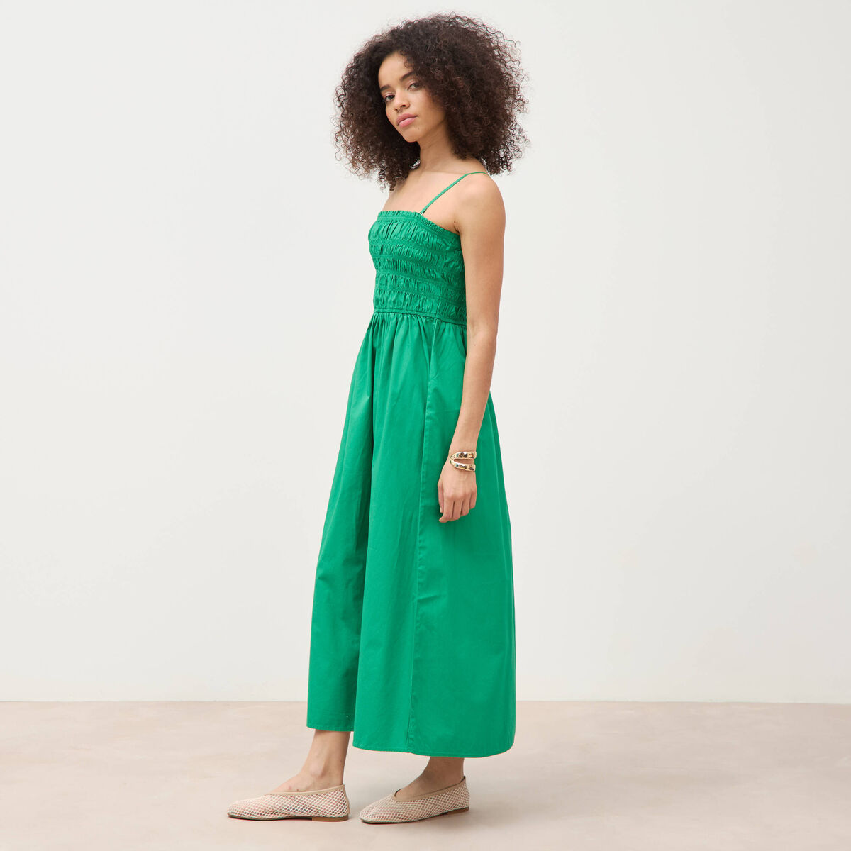 Robe bretelles col carr&eacute; en coton vert femme