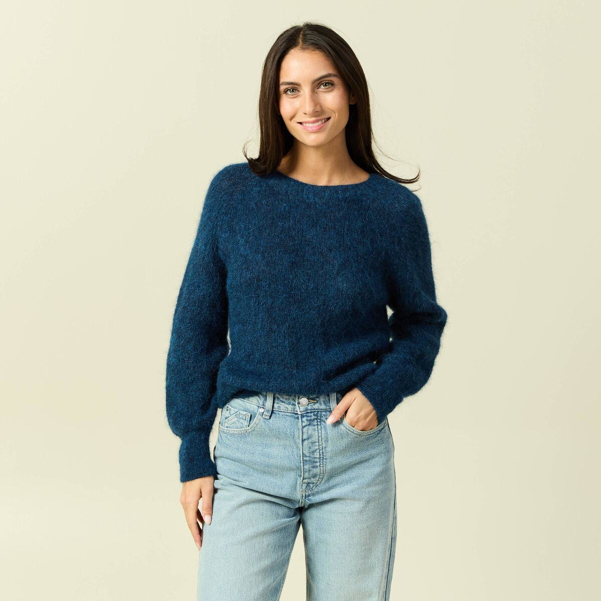 Pull manches longues col rond bleu canard femme
