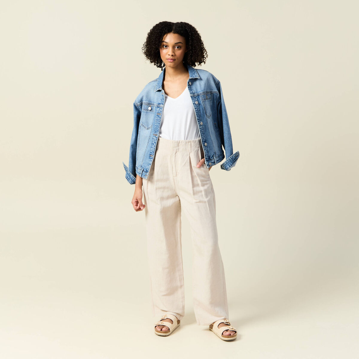 Pantalon large à pinces sable femme