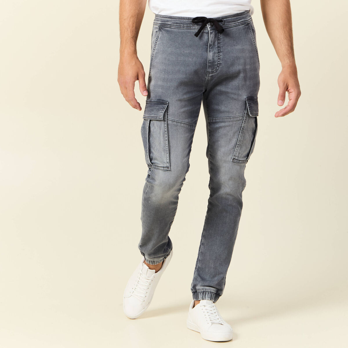 Jeans battle à coulisse denim gris homme