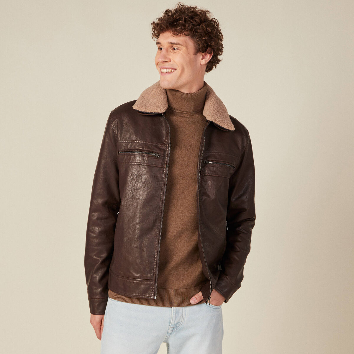 Blouson droit col aviateur marron homme