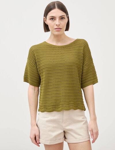 Pull col rond manches courtes vert kaki femme
