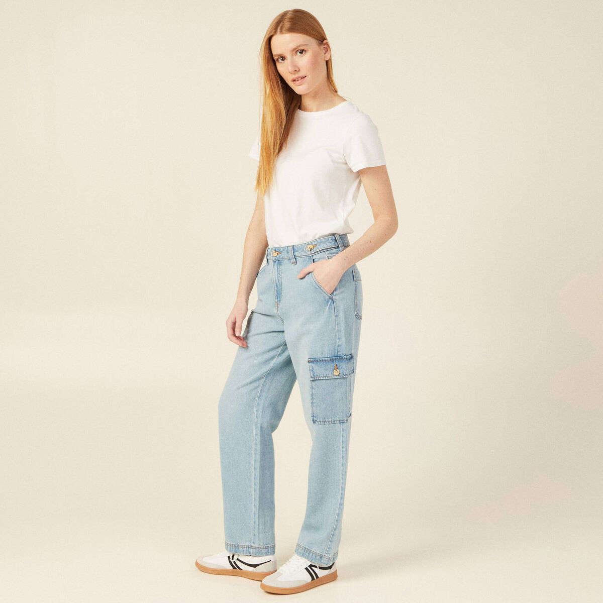 Jeans cargo 5 poches denim bleach femme