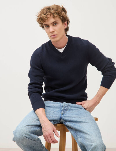 Pull col v manches longues bleu marine homme