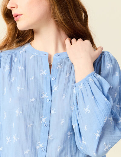 Blouse manches longues brodée bleu ciel femme
