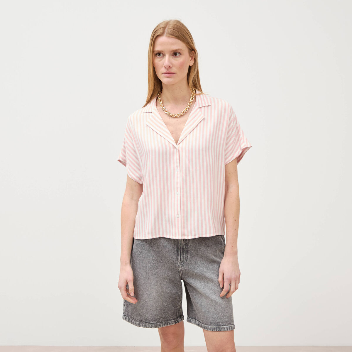 Chemise manches 3/4 rose pastel femme