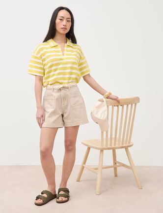 Short en jean taille haute beige femme