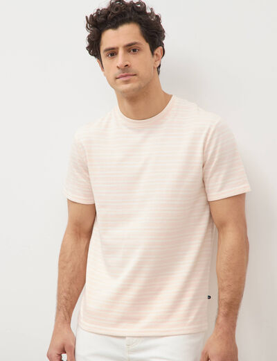 T-shirt ray&eacute; col rond manches courtes rose poudr&eacute;e homme