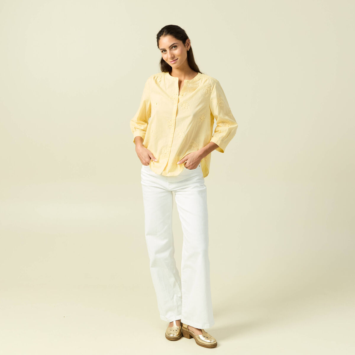 Chemise en coton manches 3/4 jaune clair femme