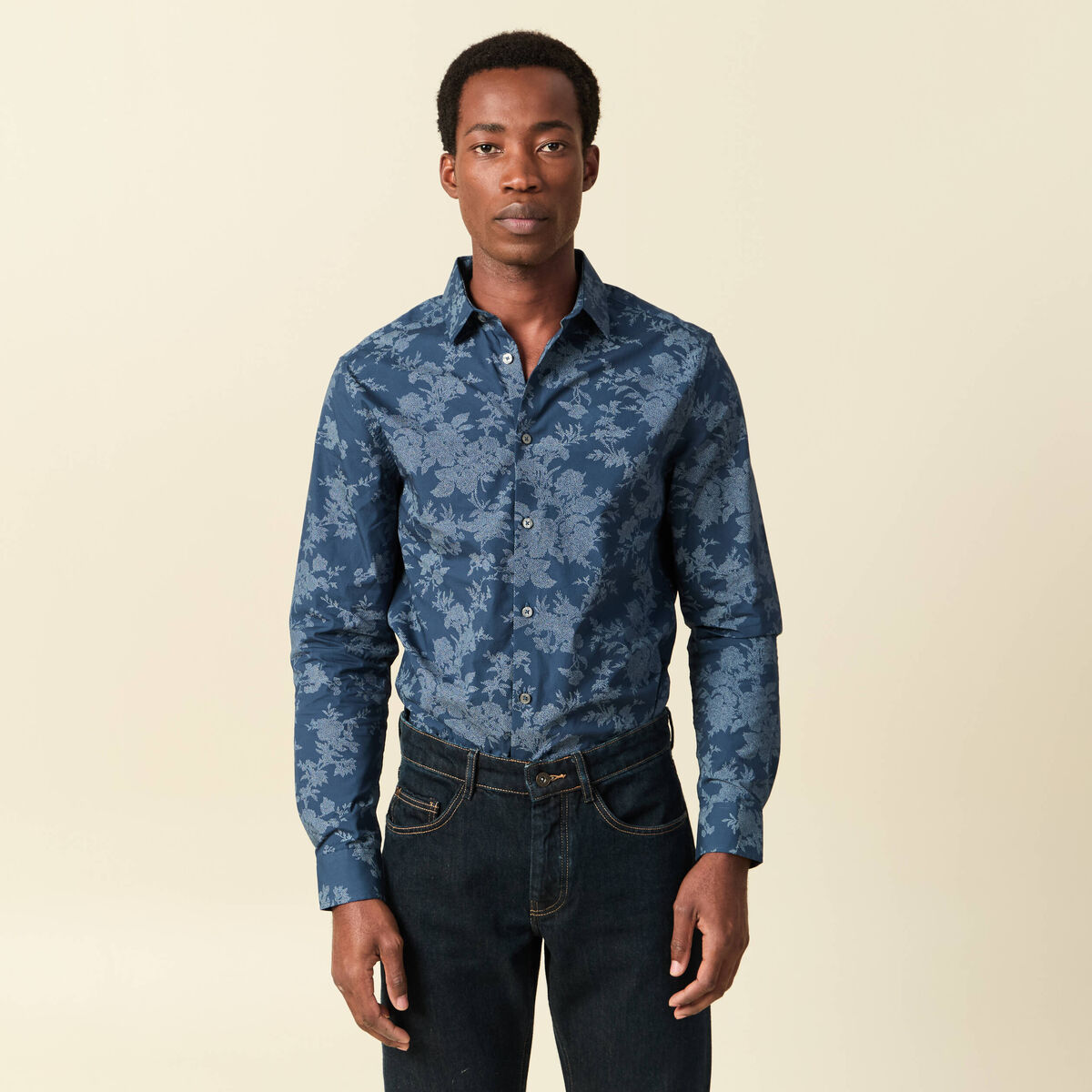 Chemise en coton manches longues bleu marine homme