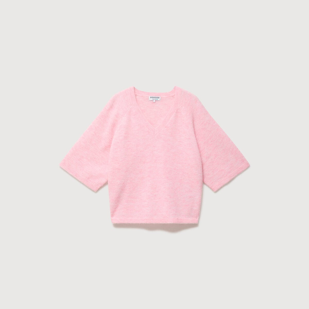 Pull droit col rond manches courtes rose clair femme