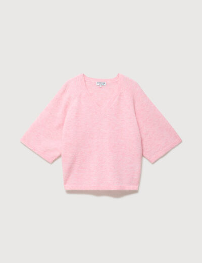 Pull droit col rond manches courtes rose clair femme