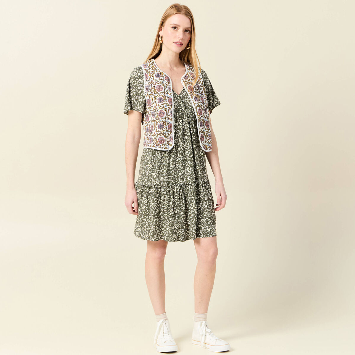 Robe évasée manches courtes vert kaki femme