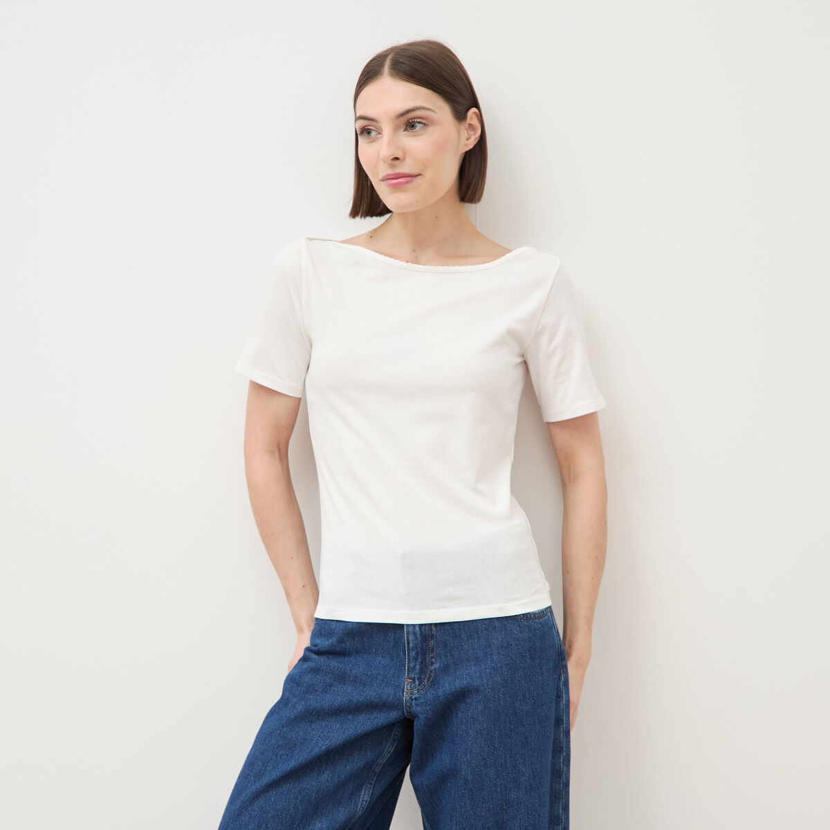 T-shirt ajust&eacute; manches courtes ecru femme