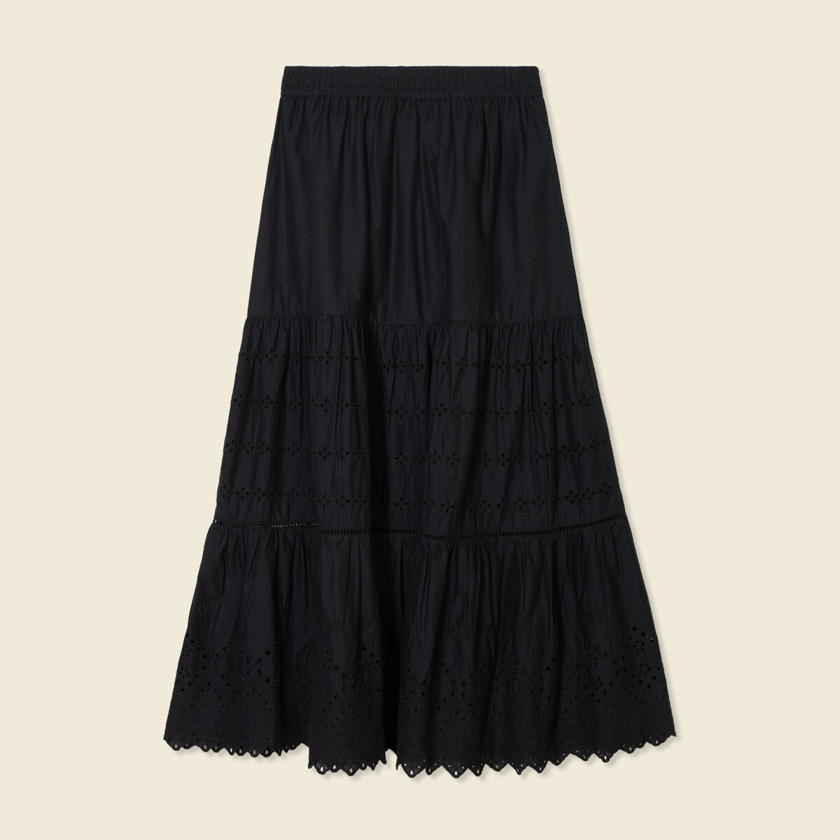 Jupe longue évasée brodée noir femme
