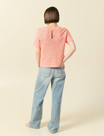 T-shirt ajour&eacute; col rond manches courtes rose saumon femme
