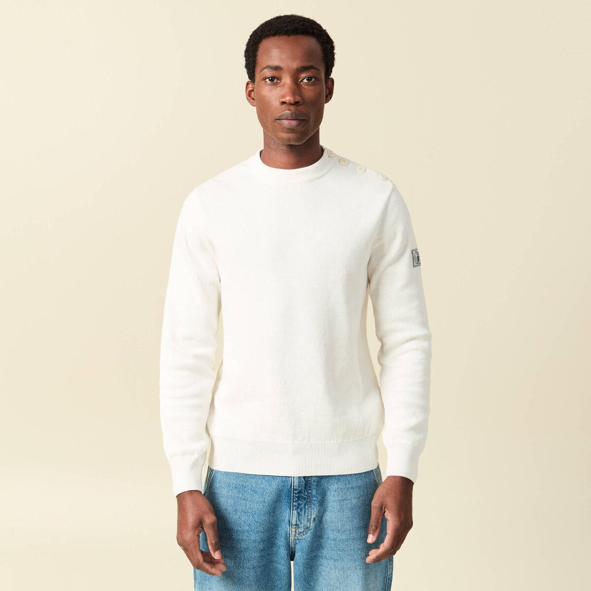 Pull fin col rond manches longues ecru homme