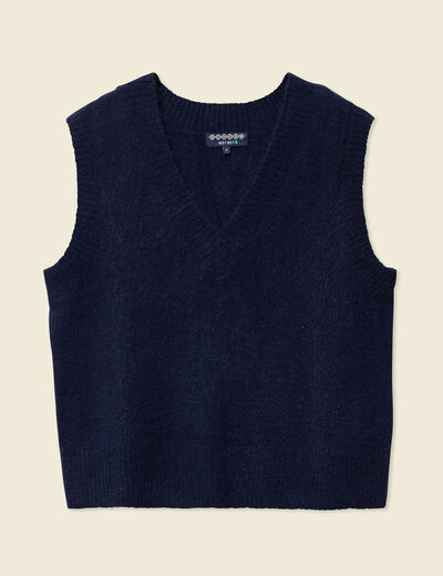 Pull sans manches col en V bleu marine femme