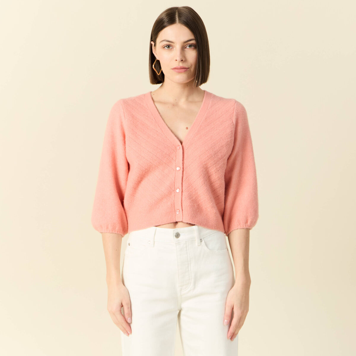 Gilet manches 3/4 rose saumon femme