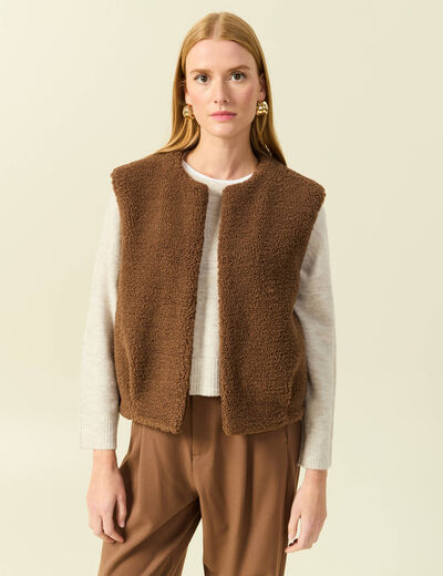 Gilet sans manches bouclette col rond marron femme