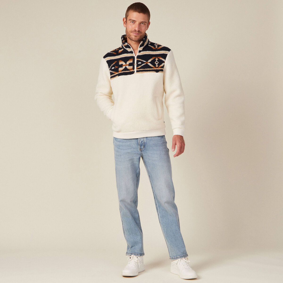 Sweat col camionneur zippé ecru homme