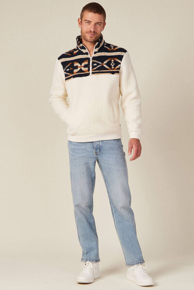 Sweat col camionneur zippé ecru homme