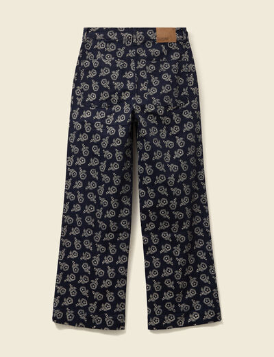 Pantalon large cropped taille haute bleu marine femme