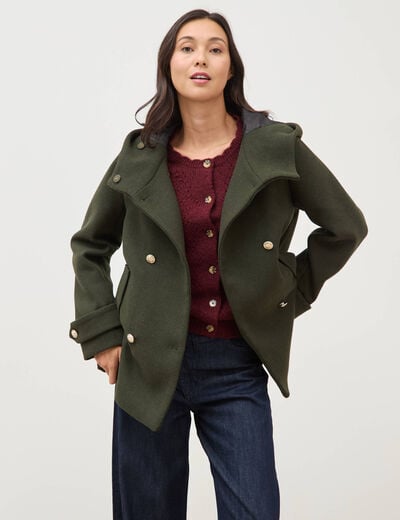 Caban oversize court &agrave; capuche vert olive femme