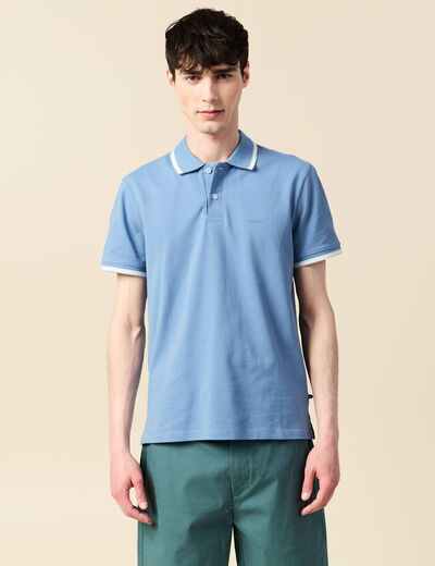 Polo cintr&eacute; en coton manches courtes bleu gris homme