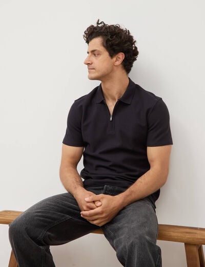 Polo en coton avec zip manches courtes noir homme