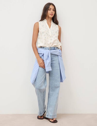 Blouse droite sans manches col montant bleu femme