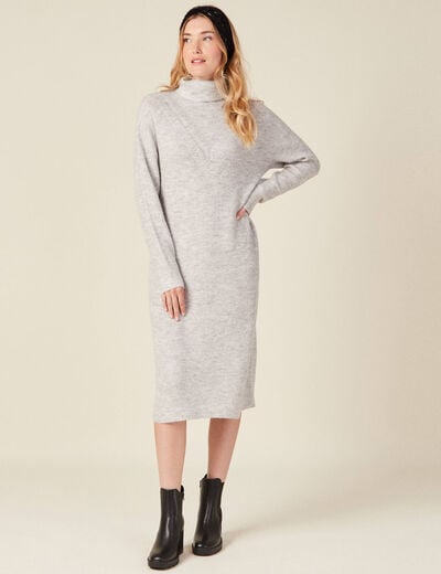 Robe pull longue col roulé gris femme