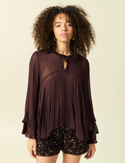 Blouse manches longues col ras de cou marron fonc&eacute; femme