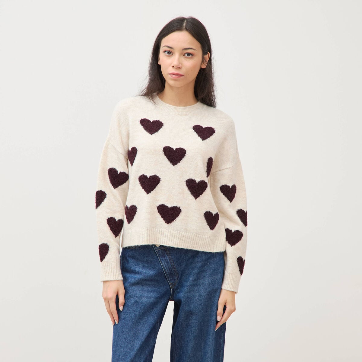 Pull manches longues bouclette col rond prune femme