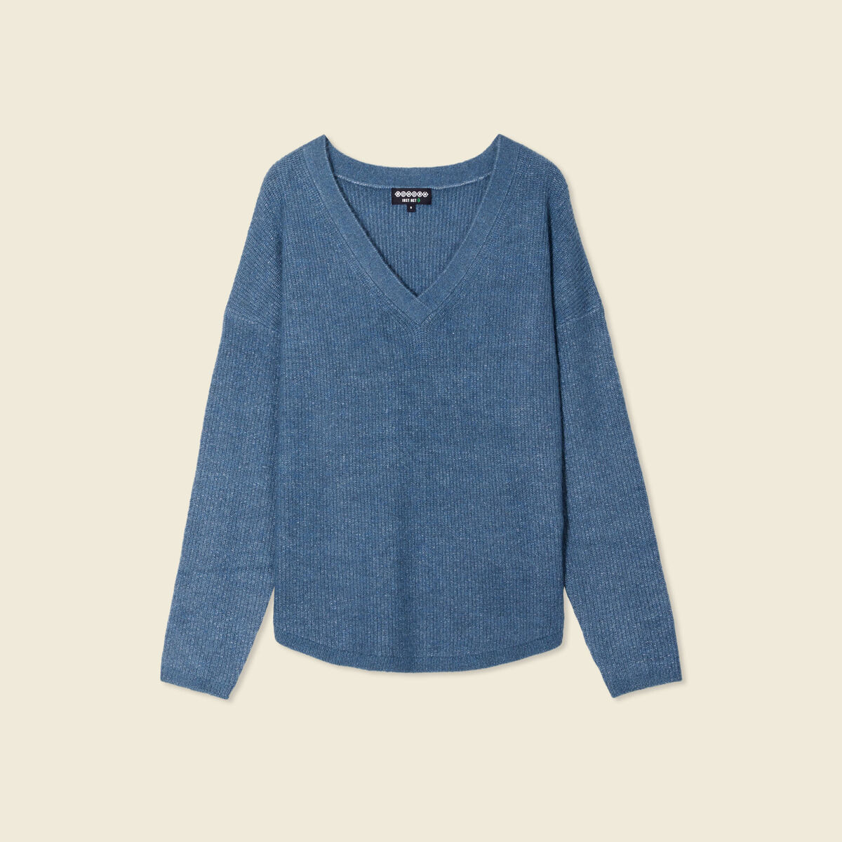 Pull manches longues col en V bleu gris femme