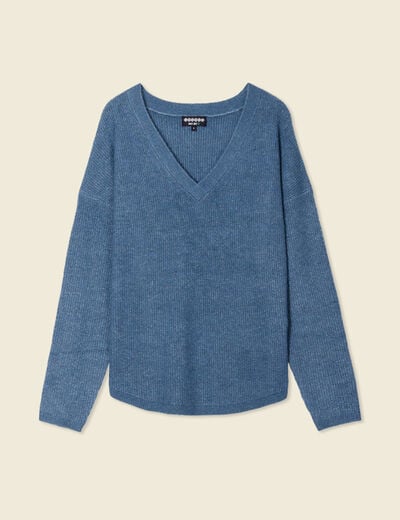 Pull manches longues col en V bleu gris femme