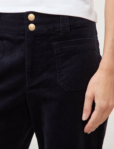 Pantalon flare taille haute en velours bleu fonc&eacute; femme