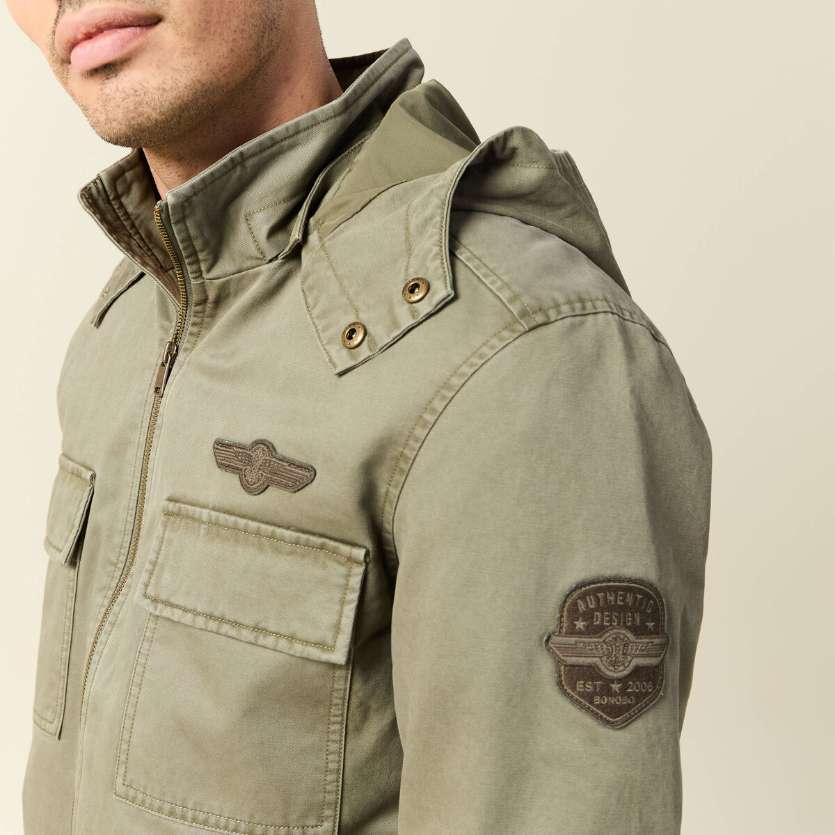 Blouson col montant &agrave; capuche vert kaki homme