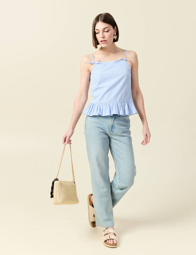 D&eacute;bardeur droit court col carr&eacute; bleu gris femme