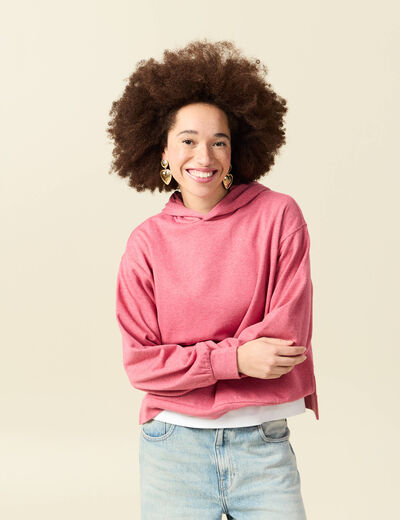 Sweat &agrave; capuche manches longues brillant mauve femme