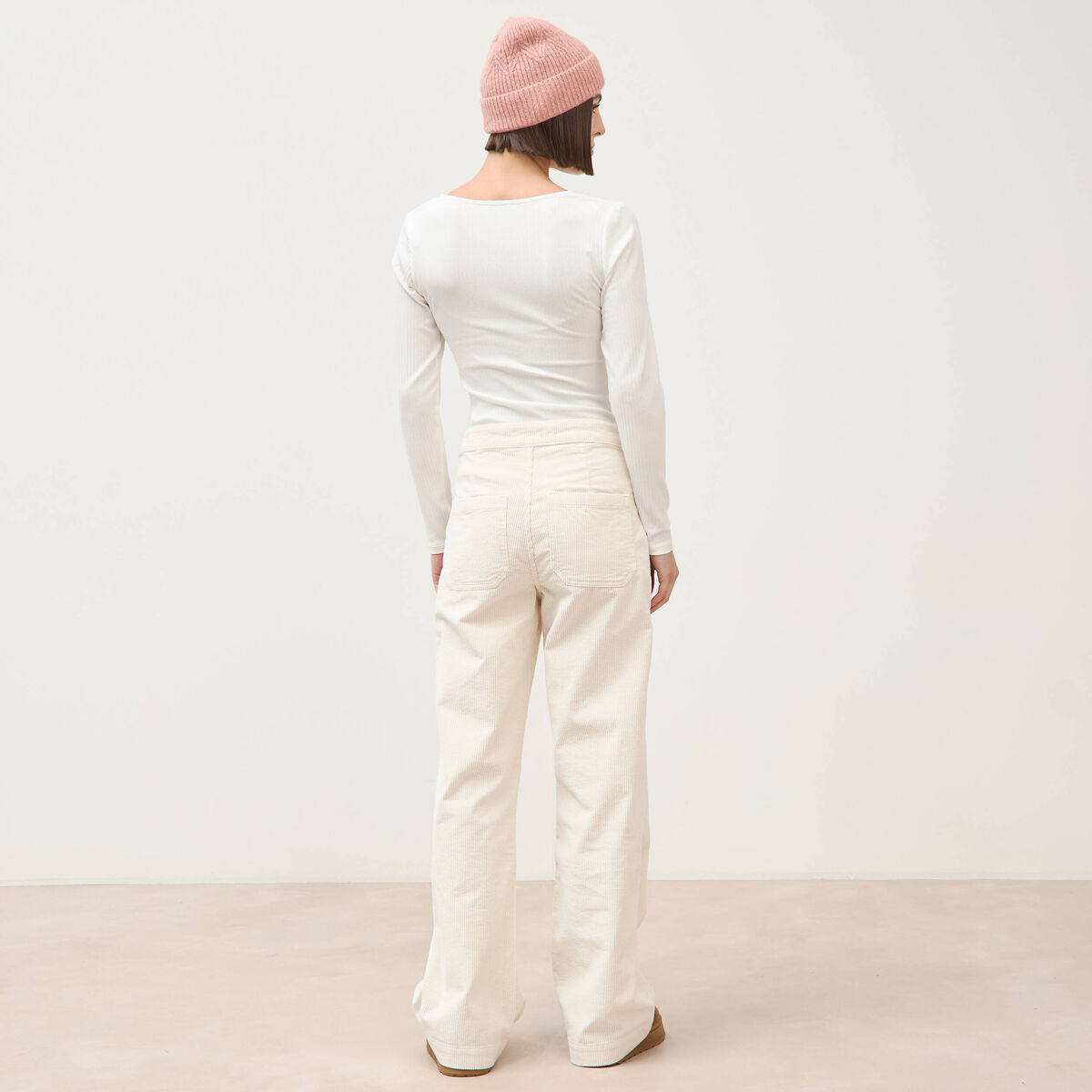 Pantalon large taille haute en velours ivoire femme