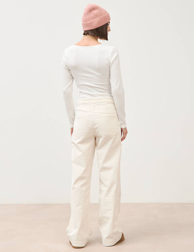 Pantalon large taille haute en velours ivoire femme