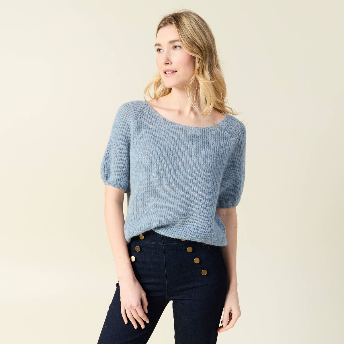 Pull manches courtes bleu gris femme