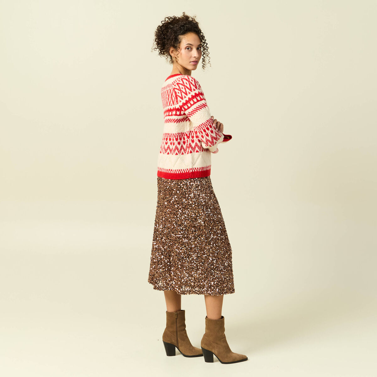 Pull manches longues col rond rouge femme
